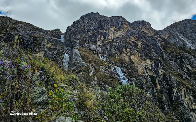 Frozen waterfall on Laguna 69 Hike, Huascarán National Park, Peru