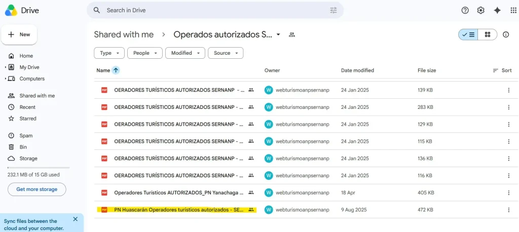 Screenshot of SERNANP webpage with lists of authorised travel operators