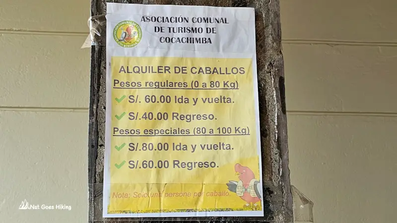 Horse rental prices in Cocachimba