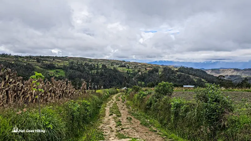 Walk from Cruzpata to Karajia Sarcophagos through agricultural fields, Northern Peru