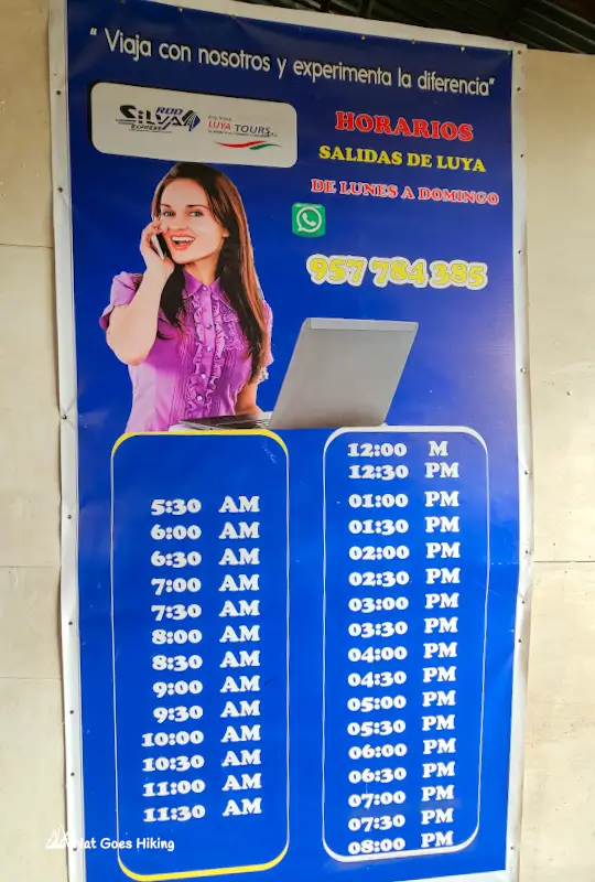 Luya to Chachapoyas Colectivo Timetable, Peru