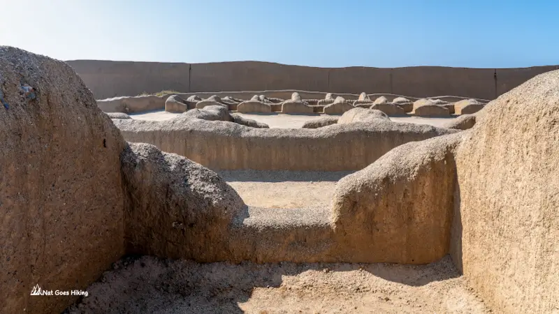 Rows of small adobe storeroom chambers within Chan Chan's citadel walls
