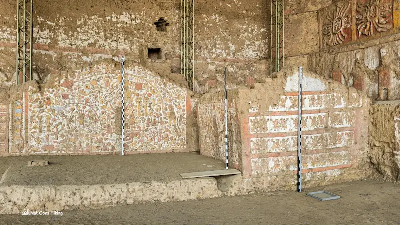 Plaza at Huaca de la Luna with three separate murals on raised platforms, Peru