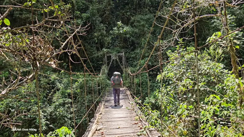 Hiker with a backpack crossing a wooden suspension bridge through dense green forest on the El Choro Trek