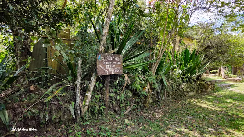Hand-painted wooden sign for Sandillani listing a shop, camping and registration beside a green garden path